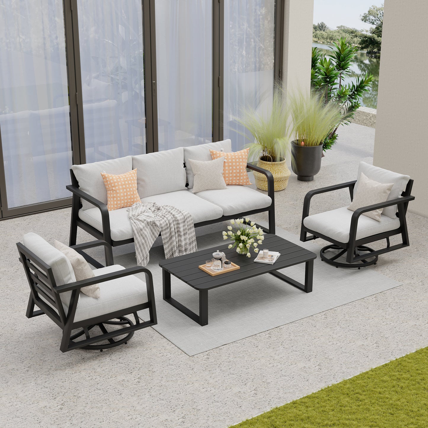 4 Piece Aluminum Patio Sofa Set Dark Gray Swivel Rocker