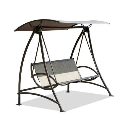 Outdoor Porch Swing 3-Seat Steel Textilene Dark Brown Canopy 73x52 In 970 LB