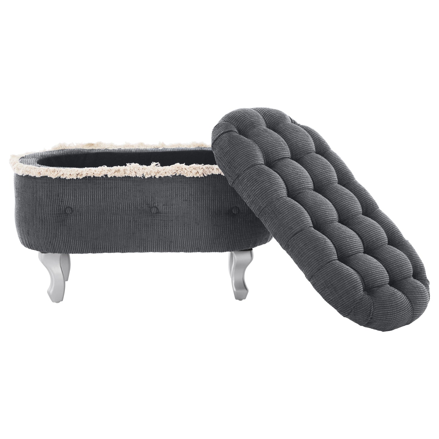 Storage Bench Tufted Gray Fabric Tassel Trim Flip Top 29.5x17.8x19 In
