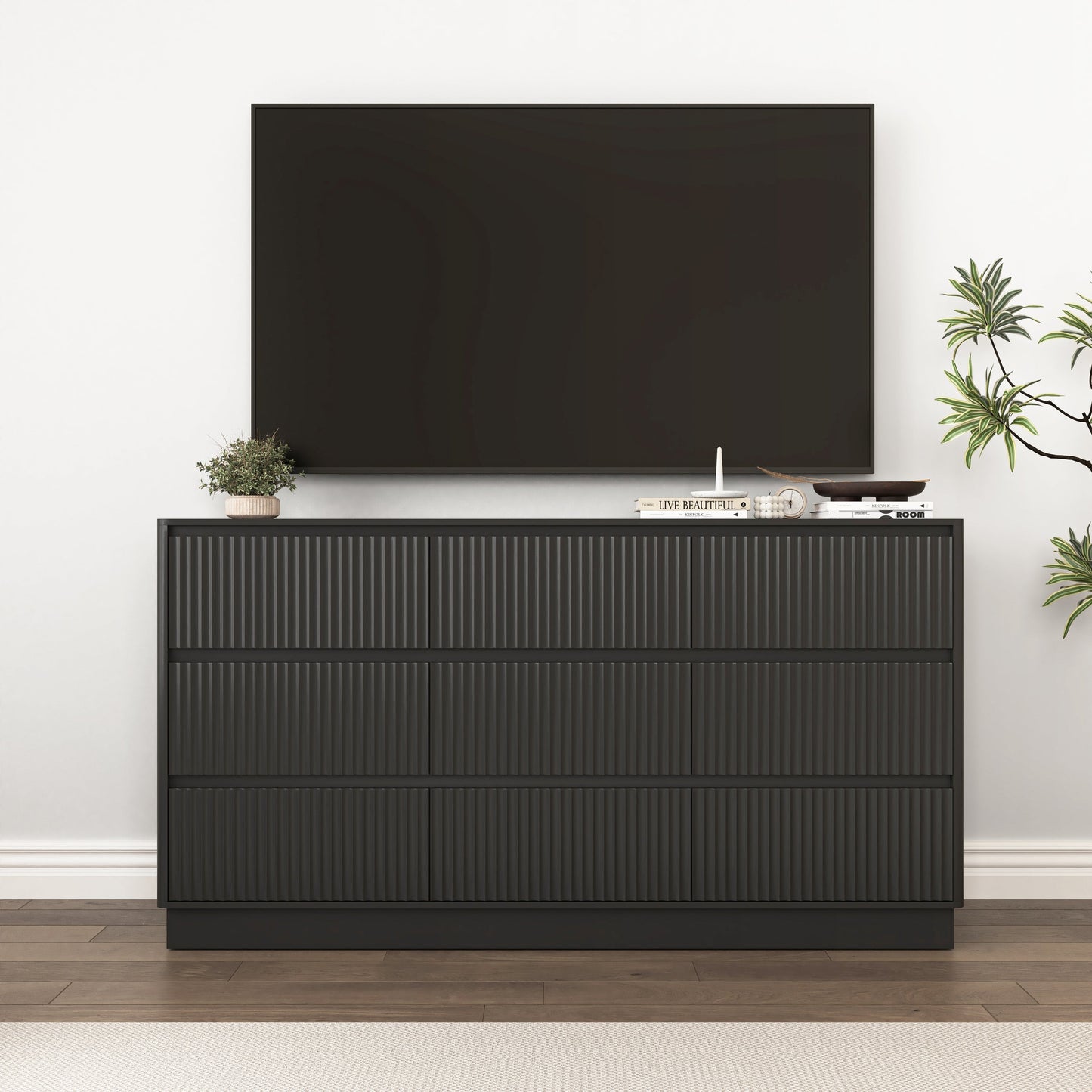 Mid-Century 9-Drawer Black Wave Dresser 59.1x15.7x31.6