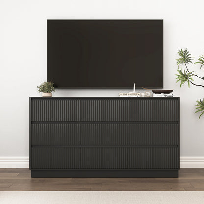 Mid-Century 9-Drawer Black Wave Dresser 59.1x15.7x31.6
