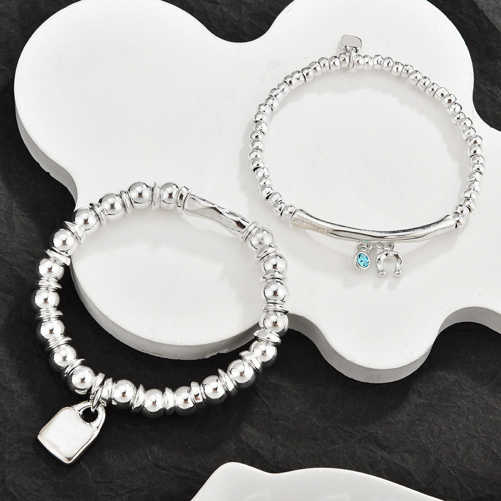 3Pcs Stackable Twisted Silver Bead Bracelet Set For Women, Zircon Horseshoe Charm Open Cuff Bangles, Minimal Cold Style Daily Fashion Jewelry