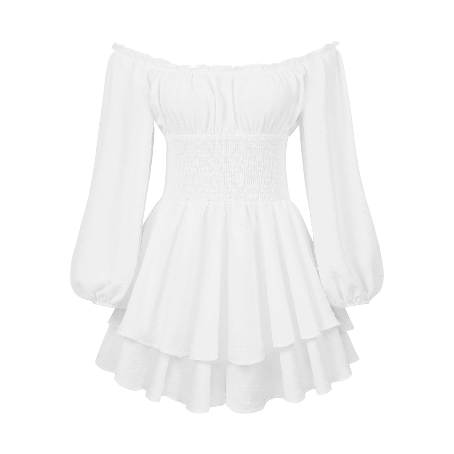 Fashion Solid Color Off-neck Pleated Ruffled Stitching Long Sleeve Casual Jumpsuit