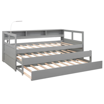 Daybed With 2 Trundles, 3 Storage Cubbies, Built In USB Charging Light