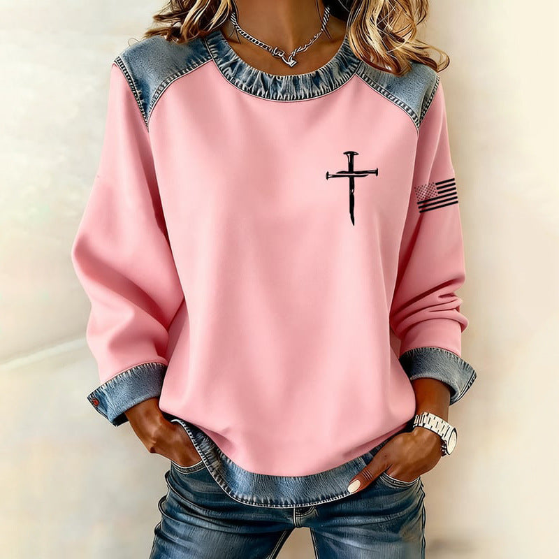 Womens Casual Floral Denim Patchwork Hoodie Top