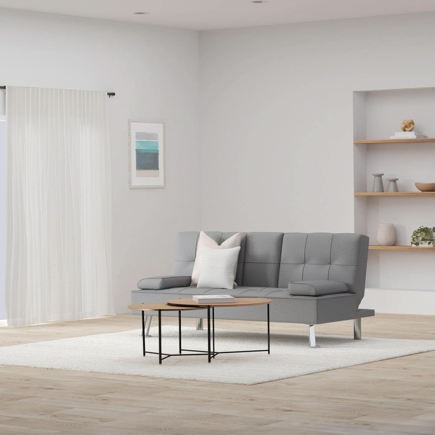 Gray Linen Modern Folding Futon Sofa Bed With Armrests