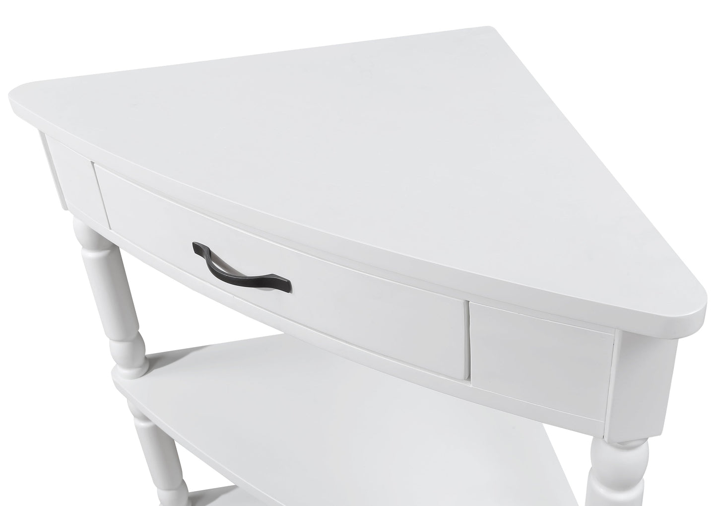 33.8 in Triangle Corner Table, 3-Tier Solid Wood Legs, Small Spaces, Milk White
