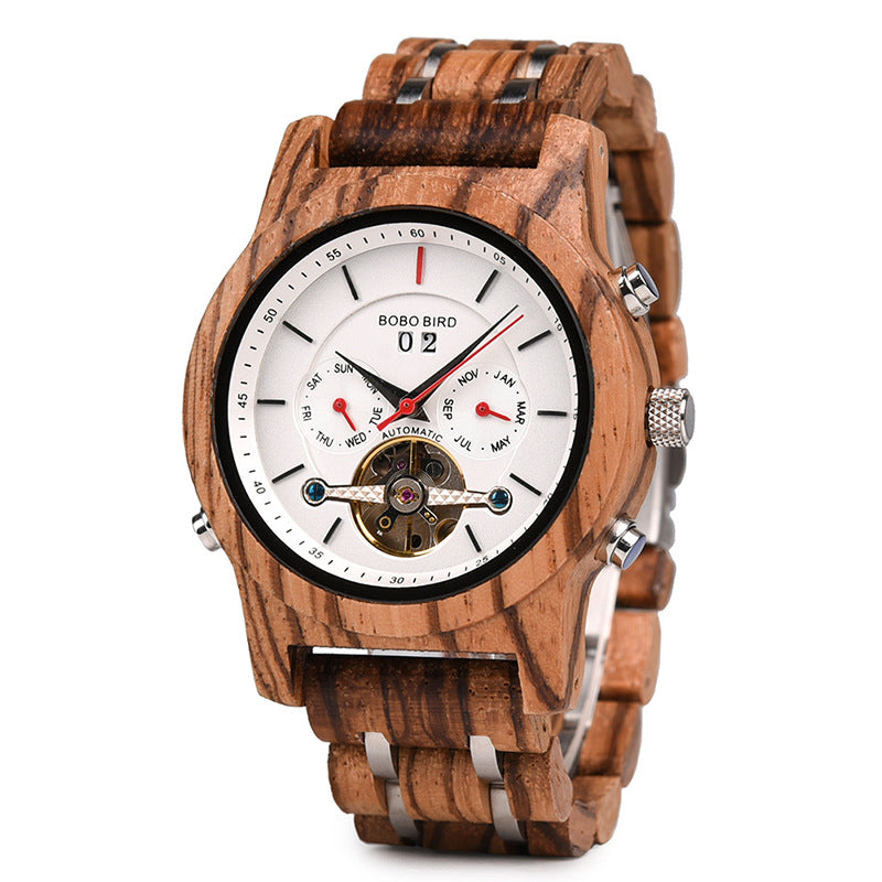 Business Flywheel Mechanical Multi-function Wooden Watch