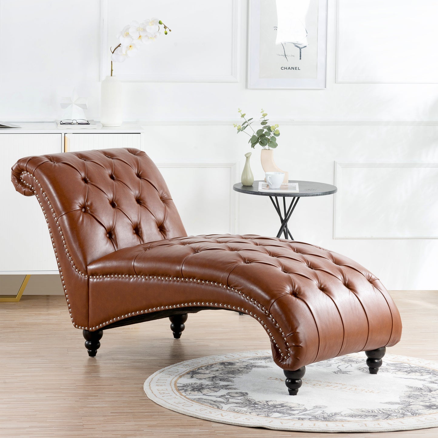 Brown PU Tufted Armless Chaise Lounge with Foam Seating and Birch Legs