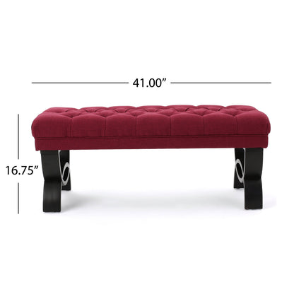 Ottoman Bench Button Tufting Half-Circle Legs, Red Fabric, 41x17x16.75