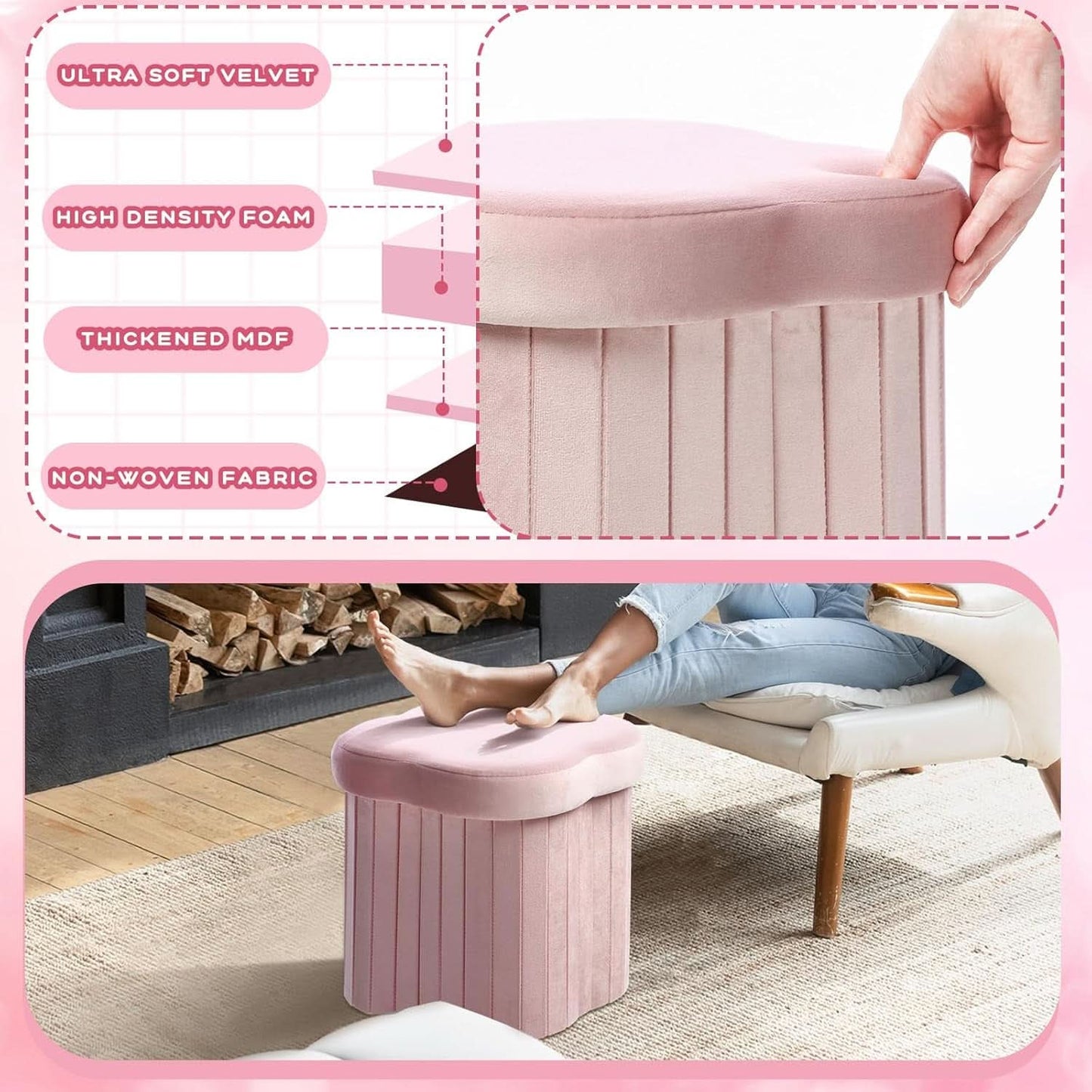 Flower Shaped Velvet Foldable Storage Ottoman Pink