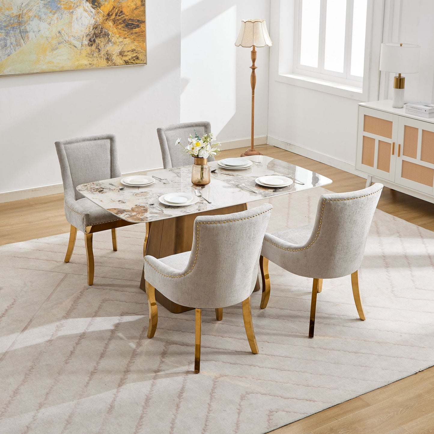 Chenille Dining Chairs, Modern Style with Curved Gold - Plated Legs & Rivet