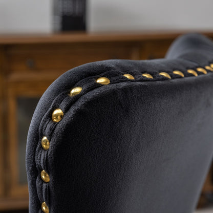 Swivel Office Chair Velvet Black Tufted Button Gold Metal Base 24.8x38.6 In