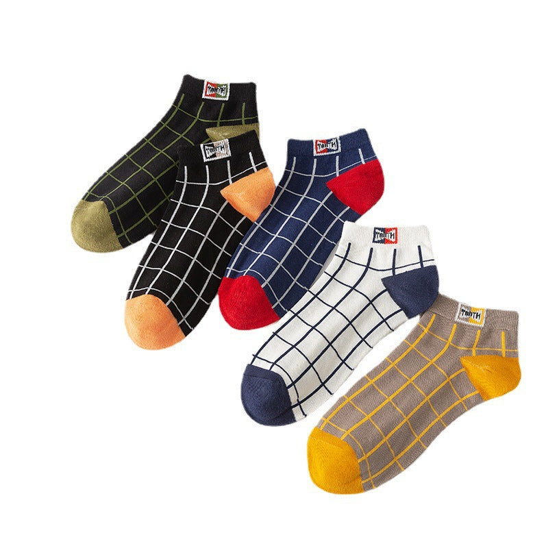Mens Cotton Socks Plaid Pattern Low-cut All-season