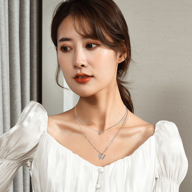 Double Layer Zircon Butterfly Necklace For Women, Dainty Stacked Collarbone Chain, Adjustable Long Sweater Chain Minimal Fashion Jewelry