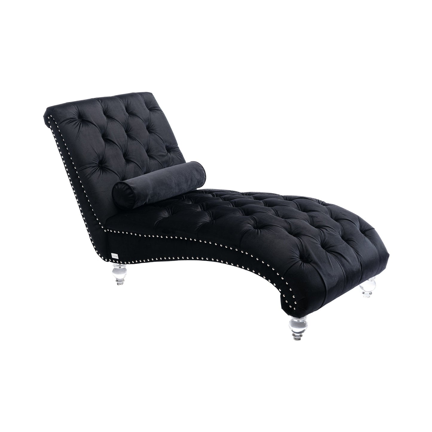 Velvet Chaise Lounge, Button-Tufted with Pillow, Black, 63.38x28.94x34.05 in