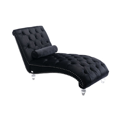 Velvet Chaise Lounge, Button-Tufted with Pillow, Black, 63.38x28.94x34.05 in