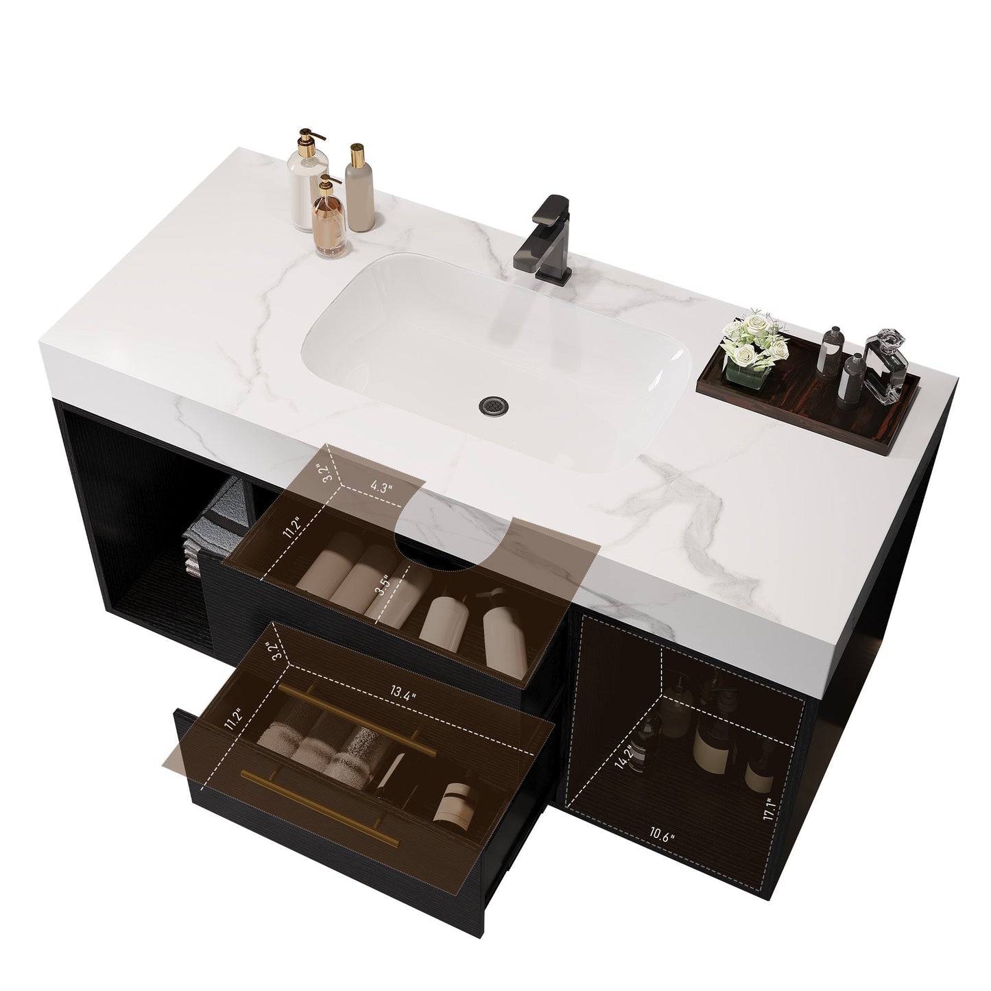39.4' Floating Bathroom Vanity with Ceramic Sink, 2 Drawers and 2 Open Shelves