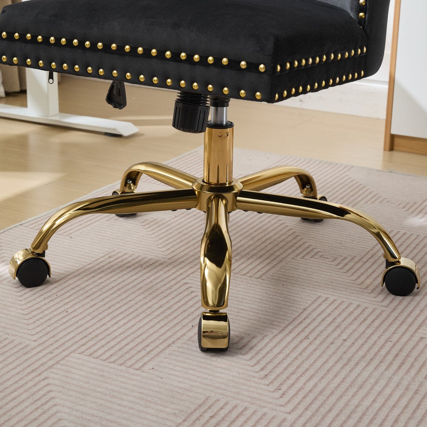 Swivel Office Chair Velvet Black Tufted Button Gold Metal Base 24.8x38.6 In
