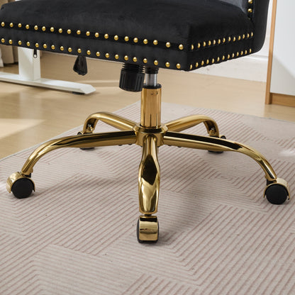 Swivel Office Chair Velvet Black Tufted Button Gold Metal Base 24.8x38.6 In