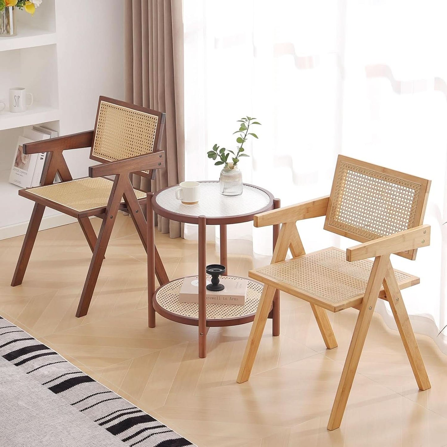 Walnut Rattan Dining Chairs Set Of 2 Ergonomic Back