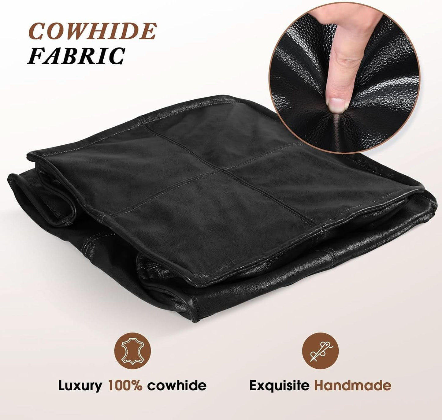 Genuine Full Grain Leather Ottoman Memory Foam Pouf Black