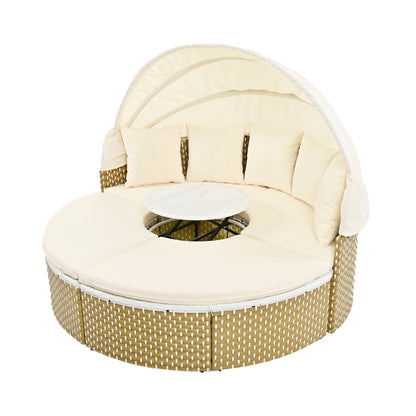 Outdoor Patio Round Rattan Daybed Sectional Beige Retractable Canopy