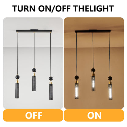 Chandelier 3-Light Black Gold Pendant Cylindrical Mesh Shades 25 In