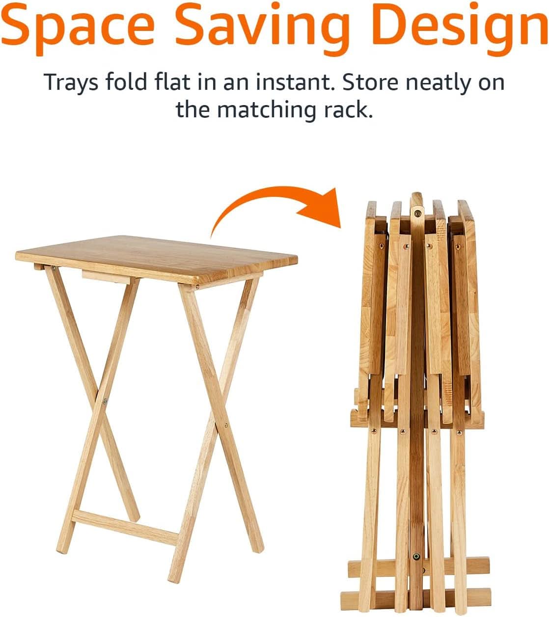 TV Dinner Tray Table Set of 4 With Storage Rack Natural