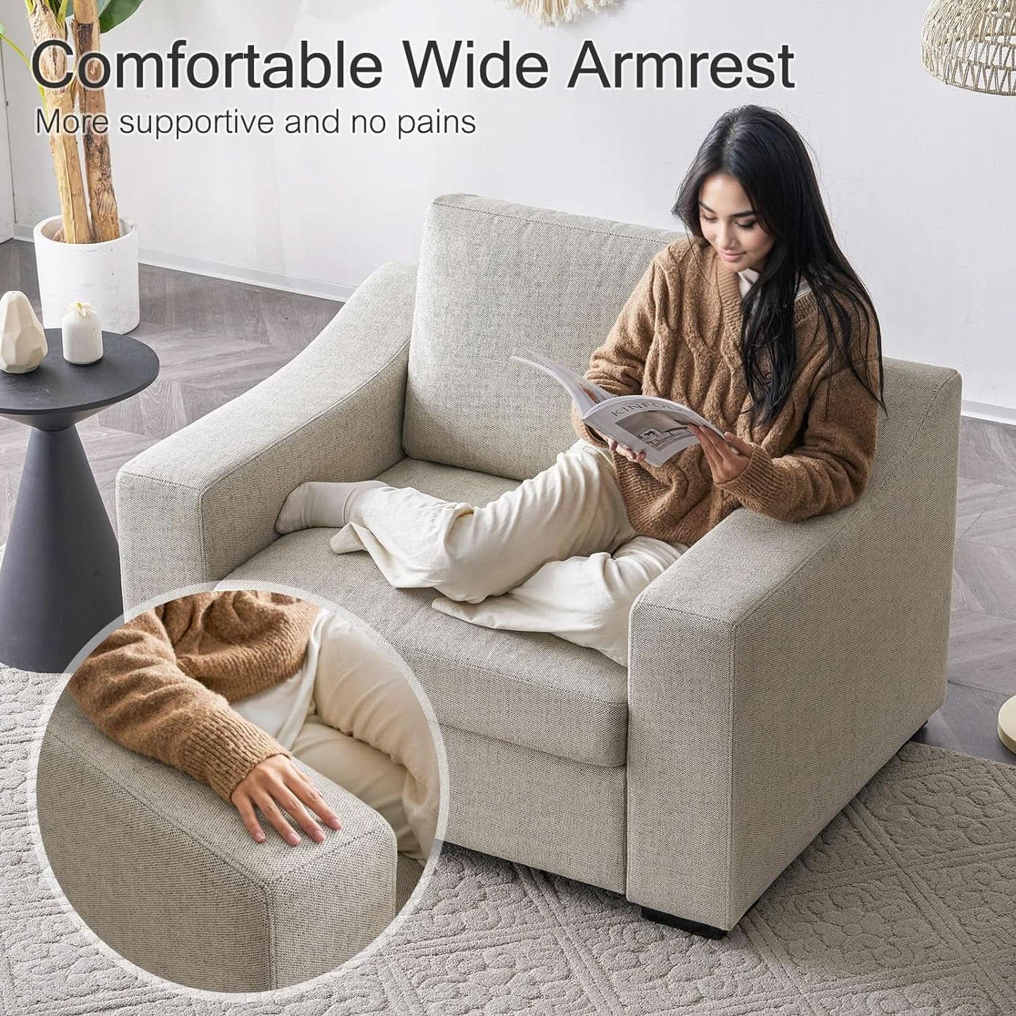 47 Inch Linen Fabric Armchair Pair Oversized Oatmeal