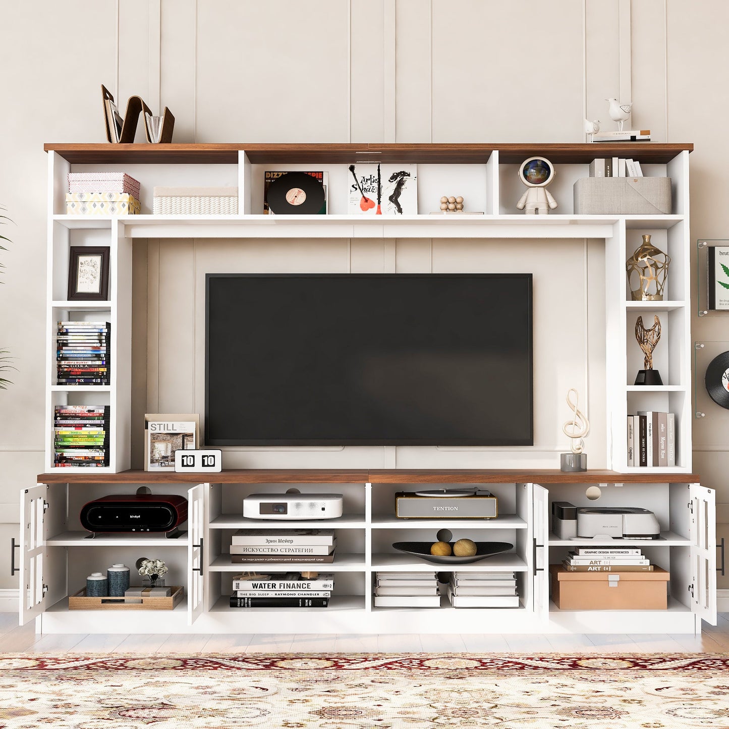 White MDF Glass TV Stand Entertainment Center Wall Unit 80