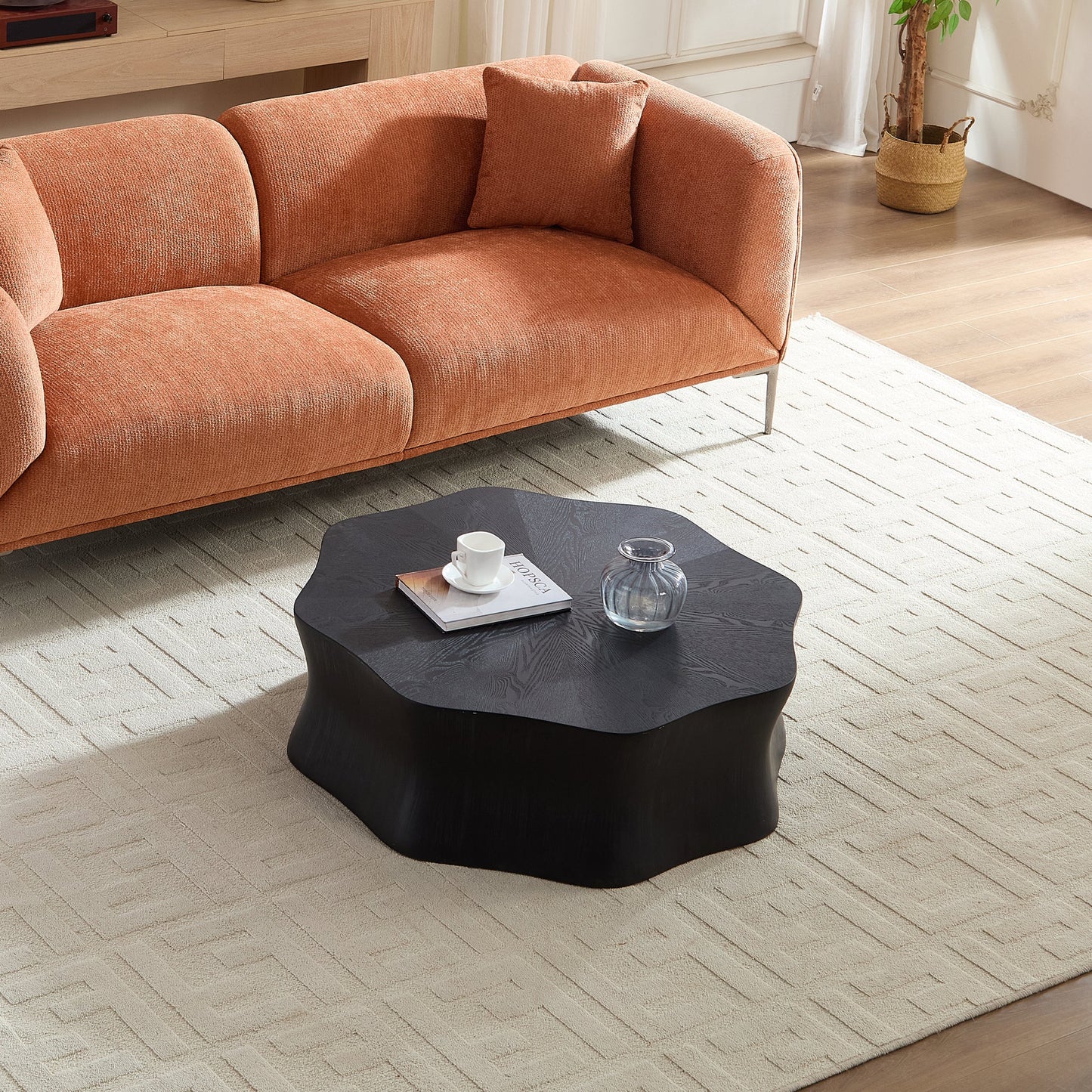 Black Petal Coffee Table, Fiberglass with Birch Wood Grain Veneer, Living Room
