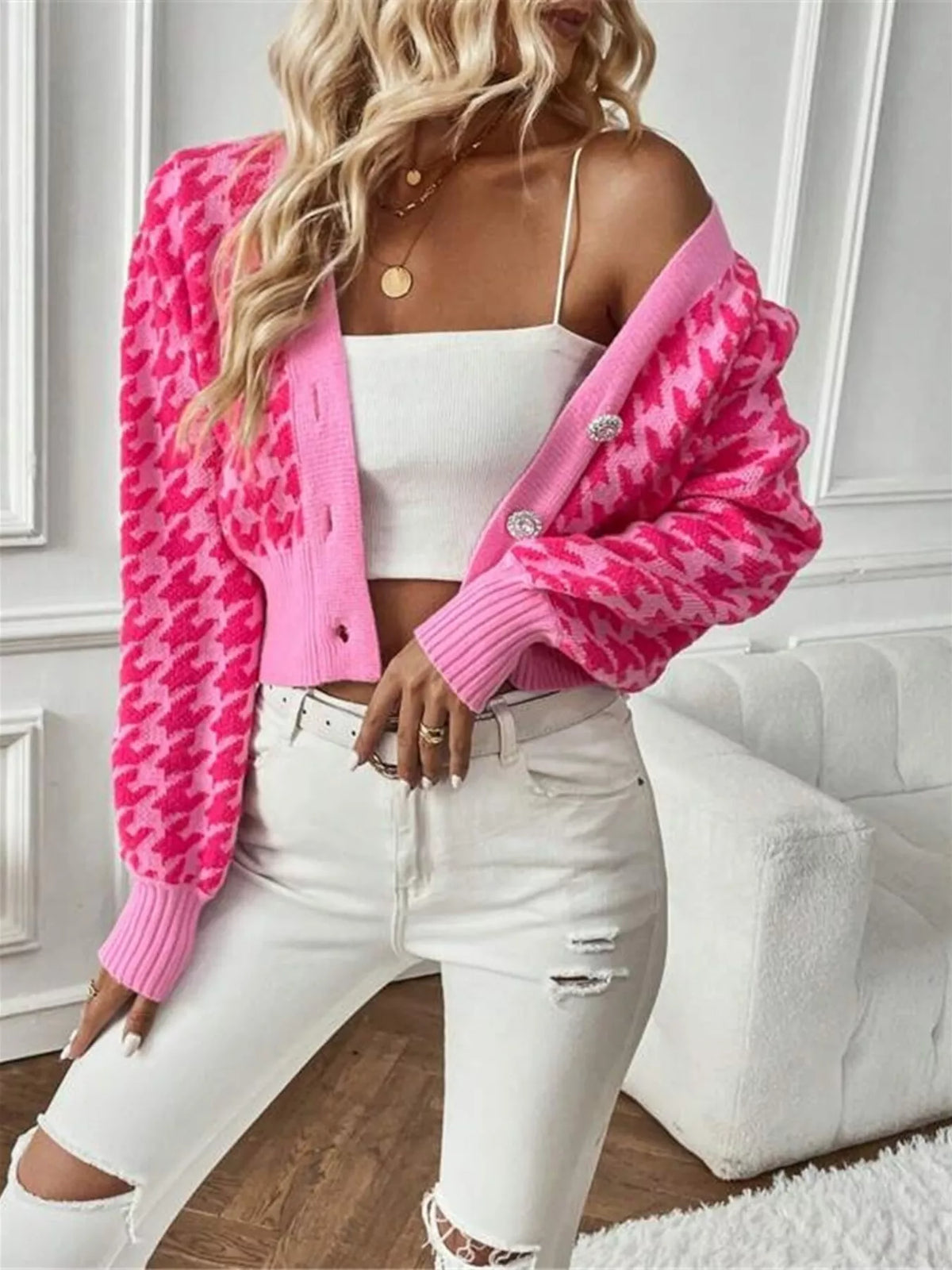 Houndstooth V-Neck Button Up Cardigan