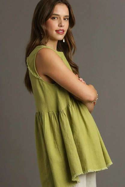 Umgee Full Size Raw Hem Linen Round Neck Sleeveless Top Plus Size