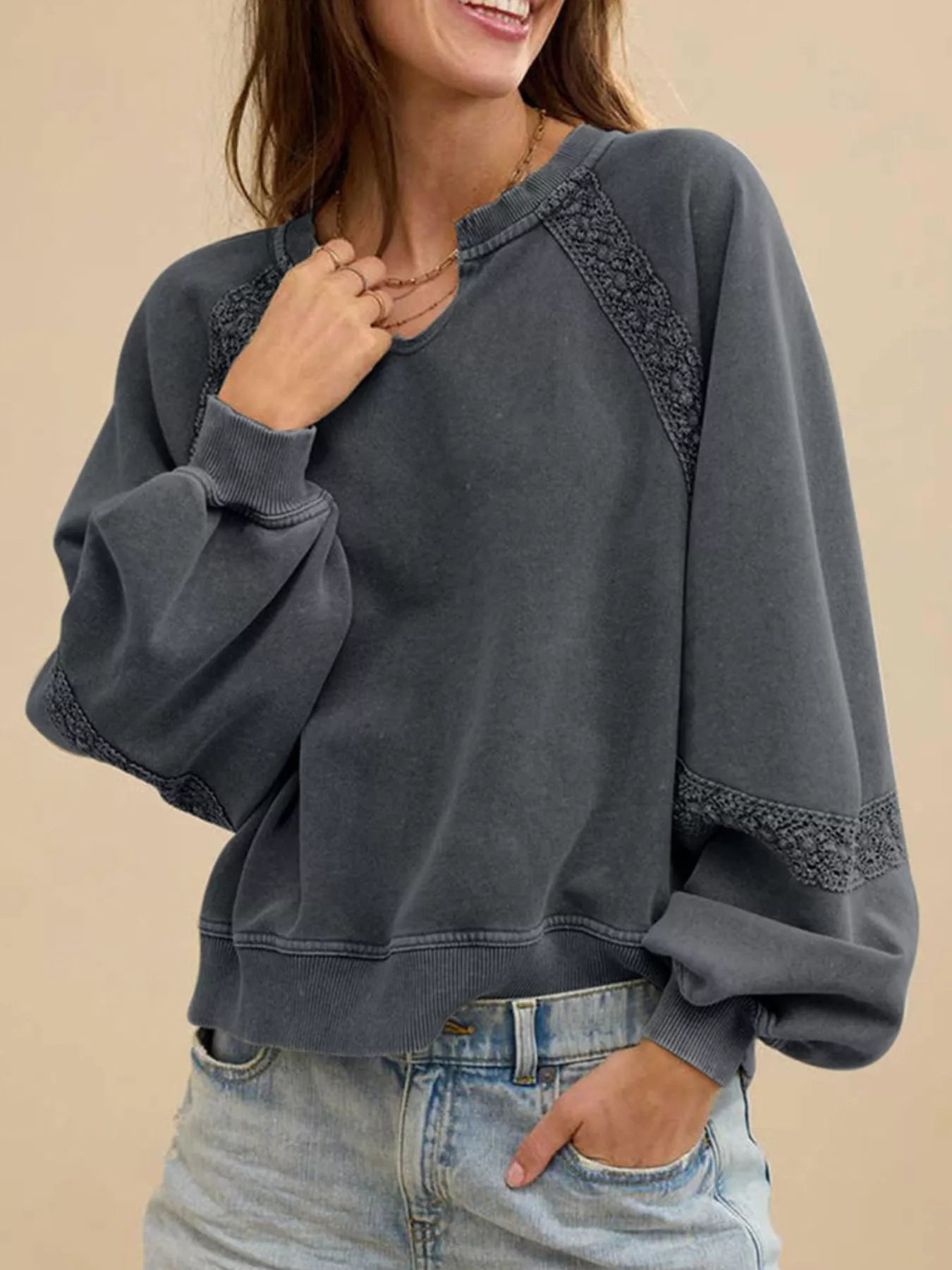 Lace Detail Notched Long Sleeve Sweatshirt