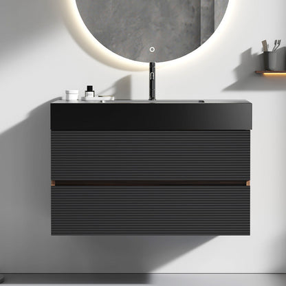 36' Walnut Bathroom Vanity with Matt Black Engineered Quartz Sink Soft Black Drawers