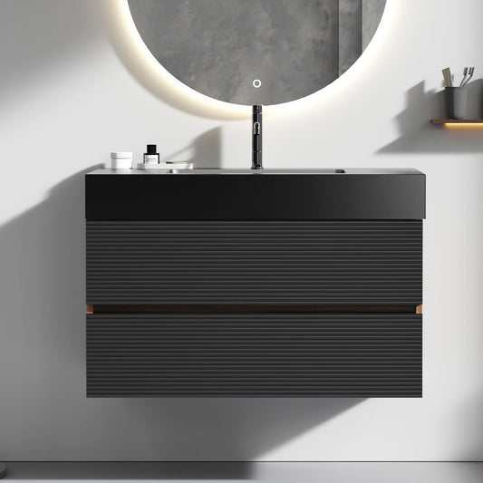 36' Walnut Bathroom Vanity with Matt Black Engineered Quartz Sink Soft Black Drawers