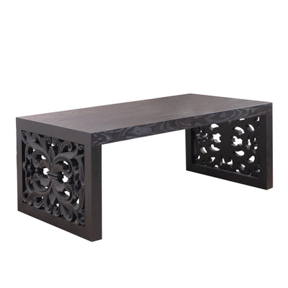 47.2 in Solid Black Carved Wood Coffee Table, Handcrafted Ornate Side Panels