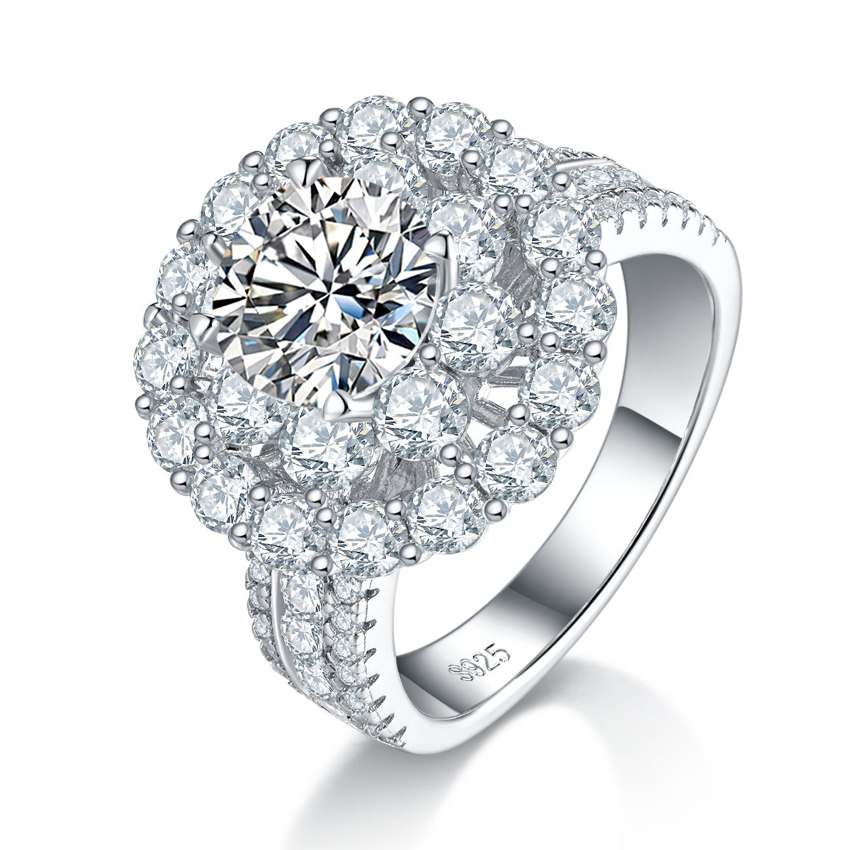 S925 Sterling Silver 2ct Moissanite Ring, 8mm D-VVS1 Double Halo Pave Band, Platinum Plated US Sizes 5-9 GRA Certified Gift Box