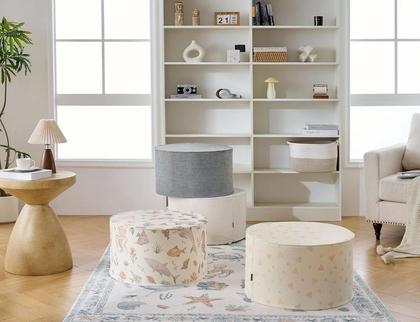 Twenty Two Inch Beige Ottoman Pouf With Ultra Premium Foam