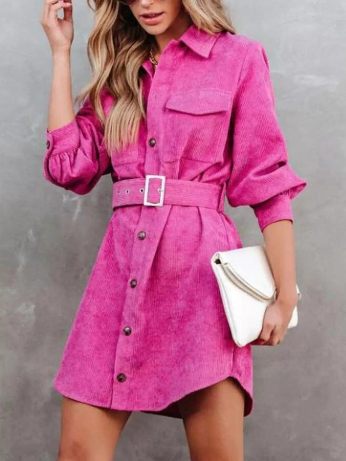 Button Front Belt Long Sleeve Corduroy Dress