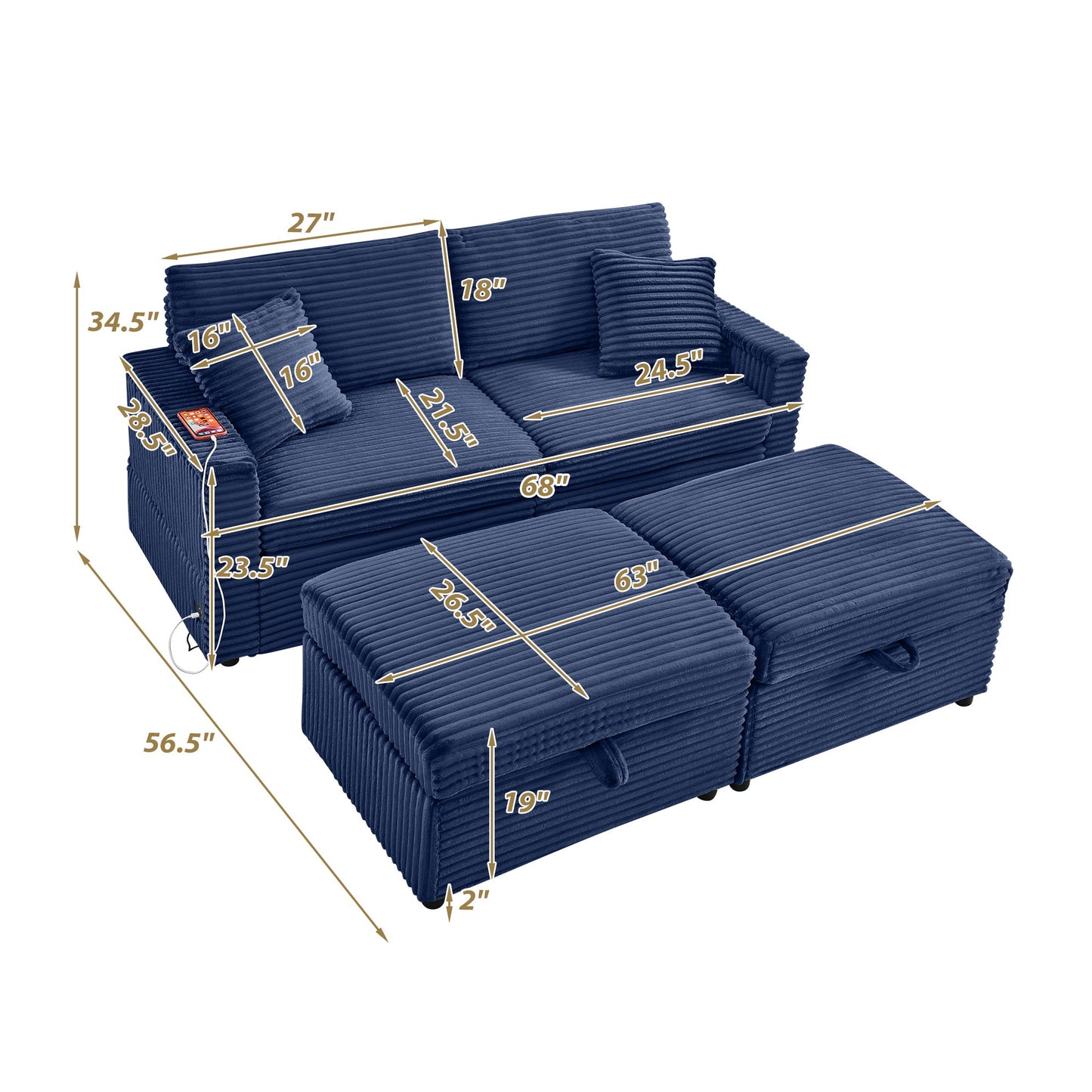Convertable Loveseat L-Shape Corduroy Blue Storage Chaise 2 Ottomans USB 69 In