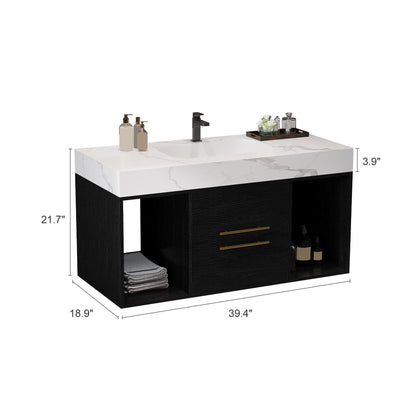 39.4' Floating Bathroom Vanity with Ceramic Sink, 2 Drawers and 2 Open Shelves