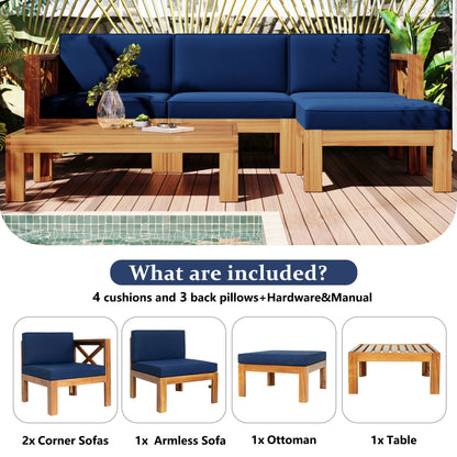 Outdoor Patio Sectional Set Acacia Wood Natural Blue Cushions 5 Piece