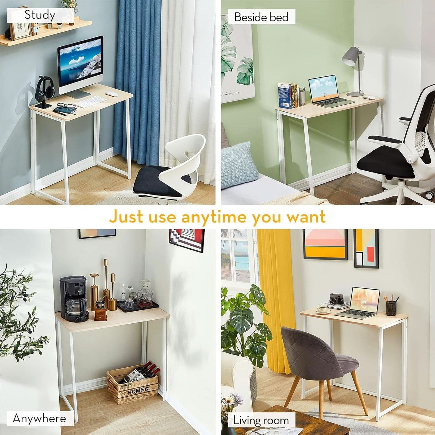 Folding Desk 31.5 Inch Oak Wood Small Space Computer Table