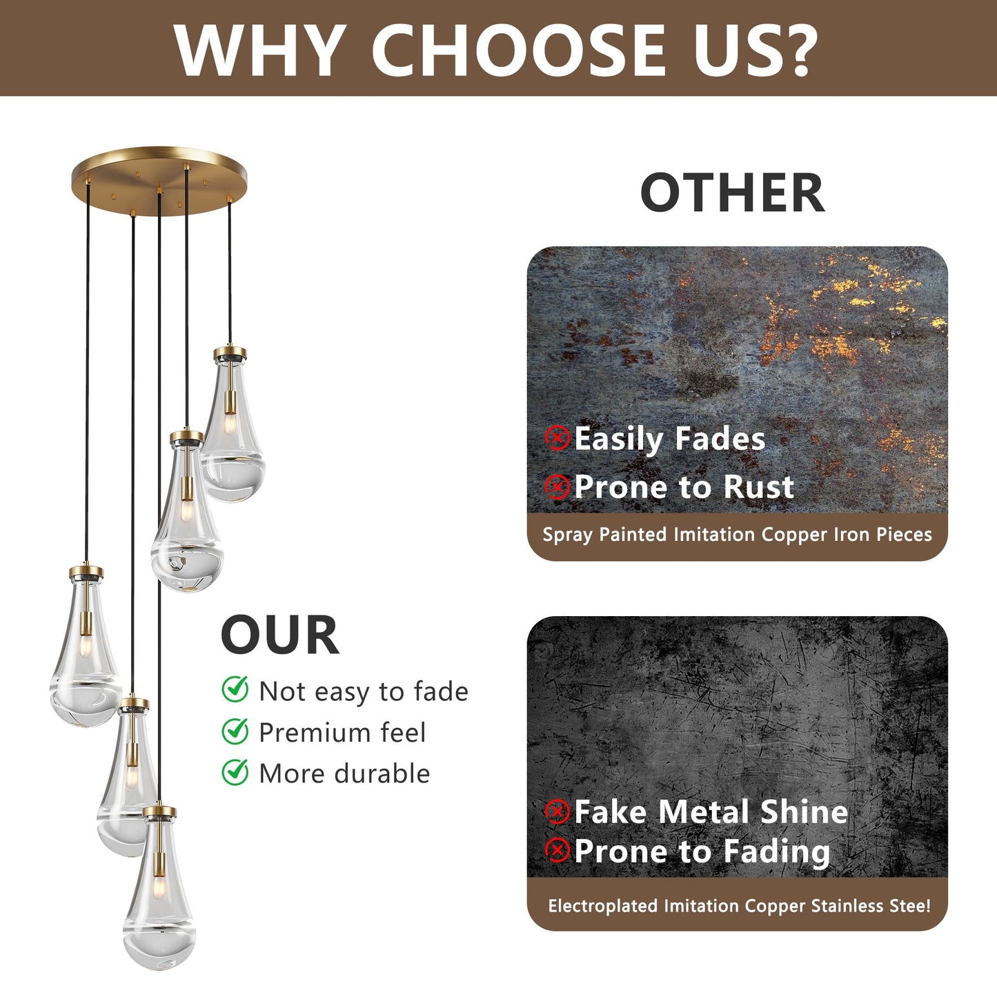 Chandelier 5-Light Cluster Pendant Brass High Ceiling Adjustable E12