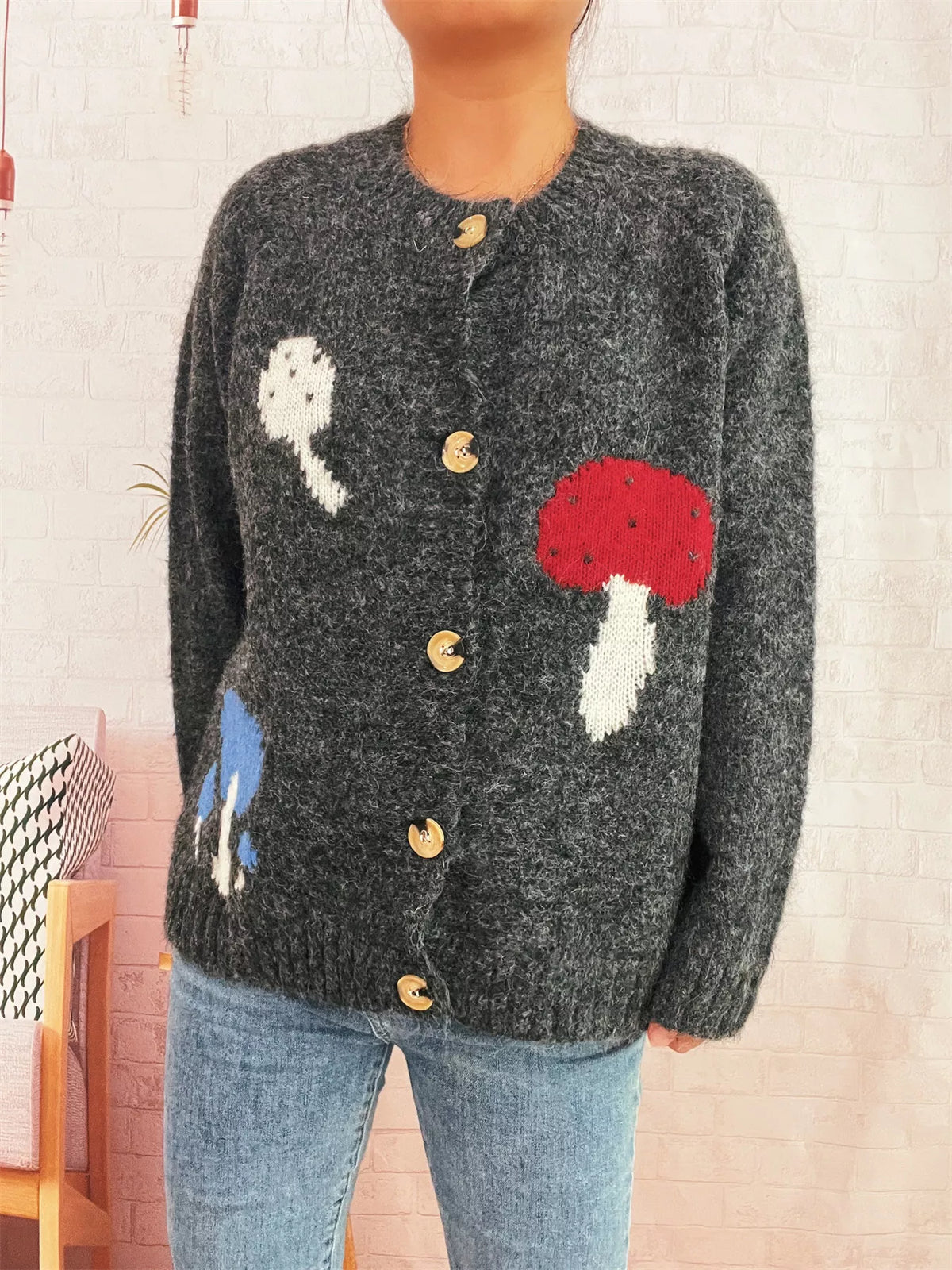 Mushroom Pattern Button-Up Cozy Knit Cardigan