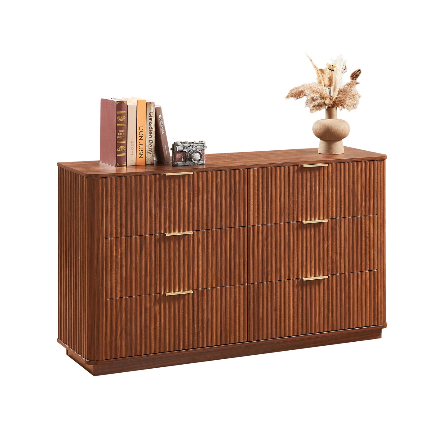Dresser Modern 6-Drawer Walnut MDF Wave Texture 55.1x15.75x31.5 In 150 LB