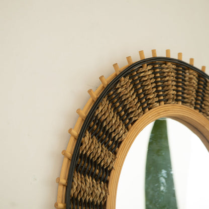 Wall Mirror Round Bamboo Hemp Rope Frame Natural Boho 23 In
