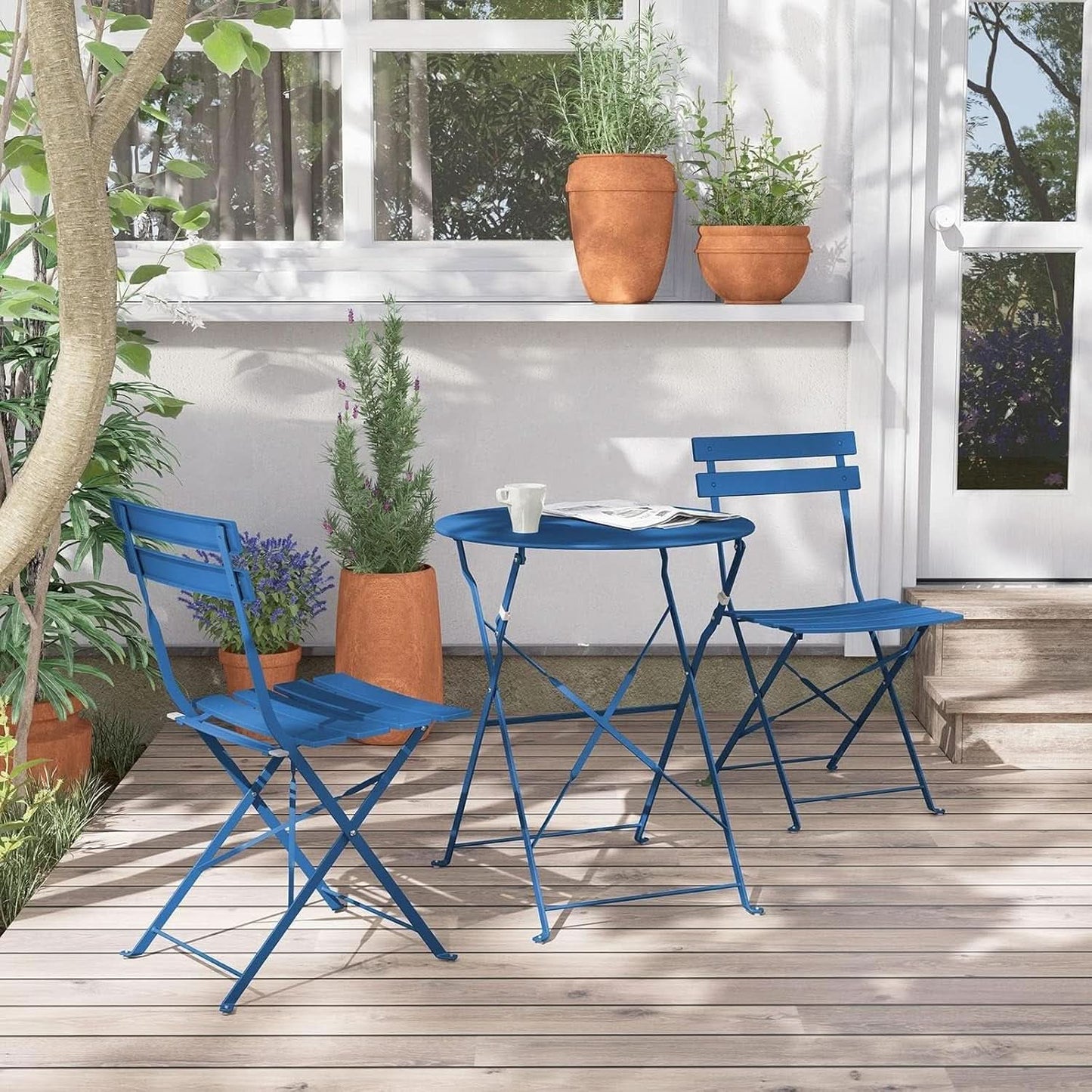 Peacock Blue Folding Patio Bistro Set 3 Piece Outdoor